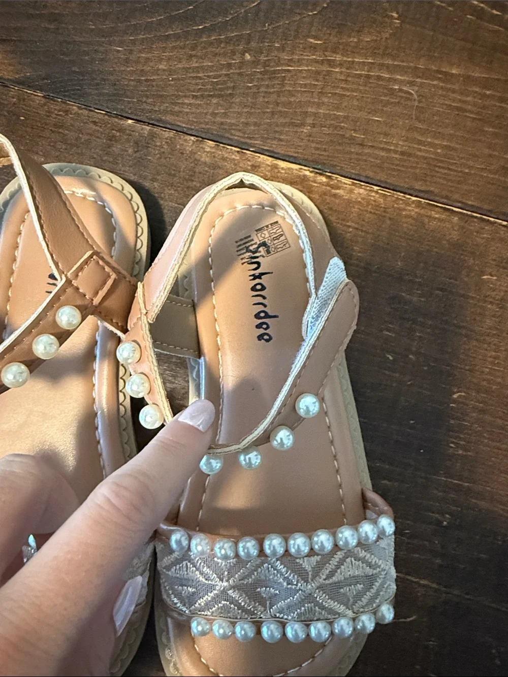 Girls' Pearl-Trim Tan Ankle-Strap Sandals